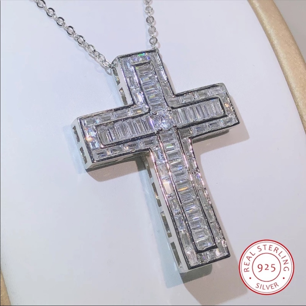 New Men Women 925 Silver Cross Diamond Necklace - Picture 7 of 10